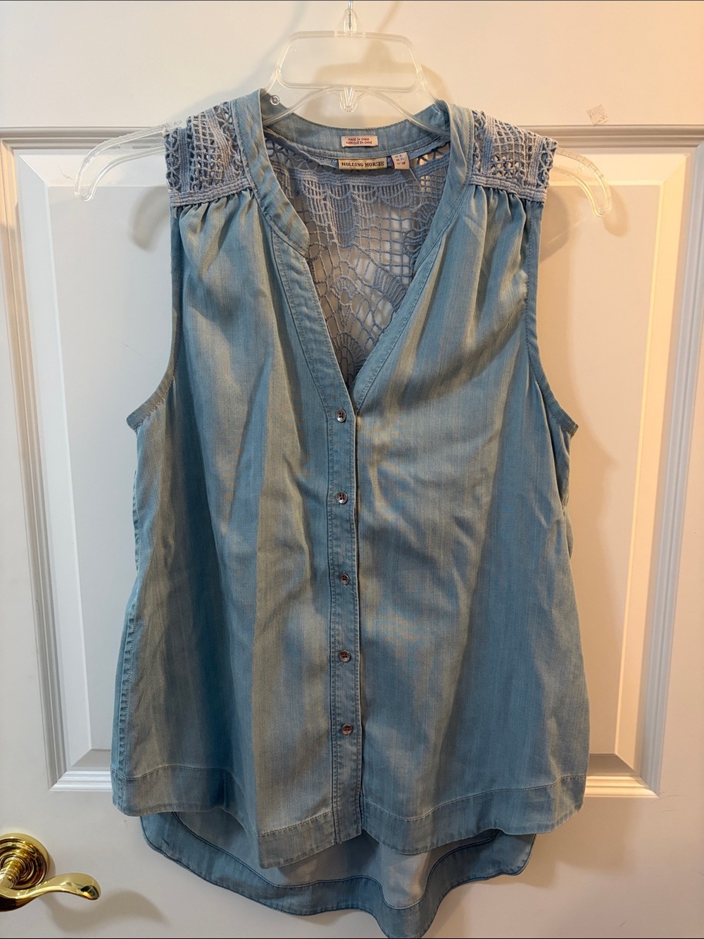 HOLDING HORSES Light Blue Sleeveless Denim Button-Front Top with Crochet Yoke